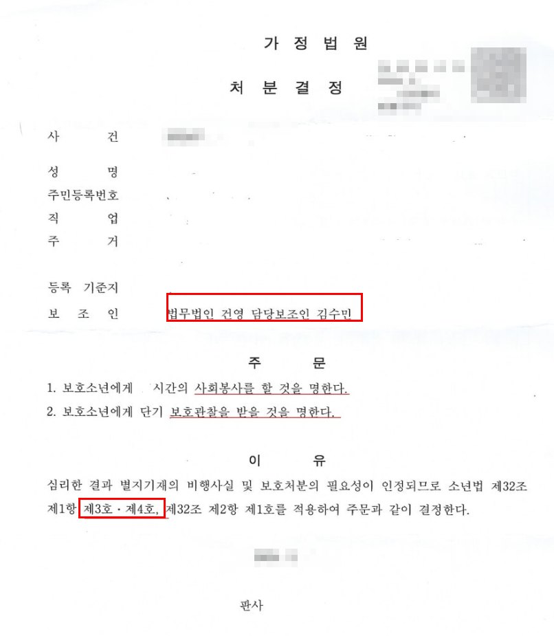 소년 범죄 사건 처분결정 (개인정보 가림 처리)