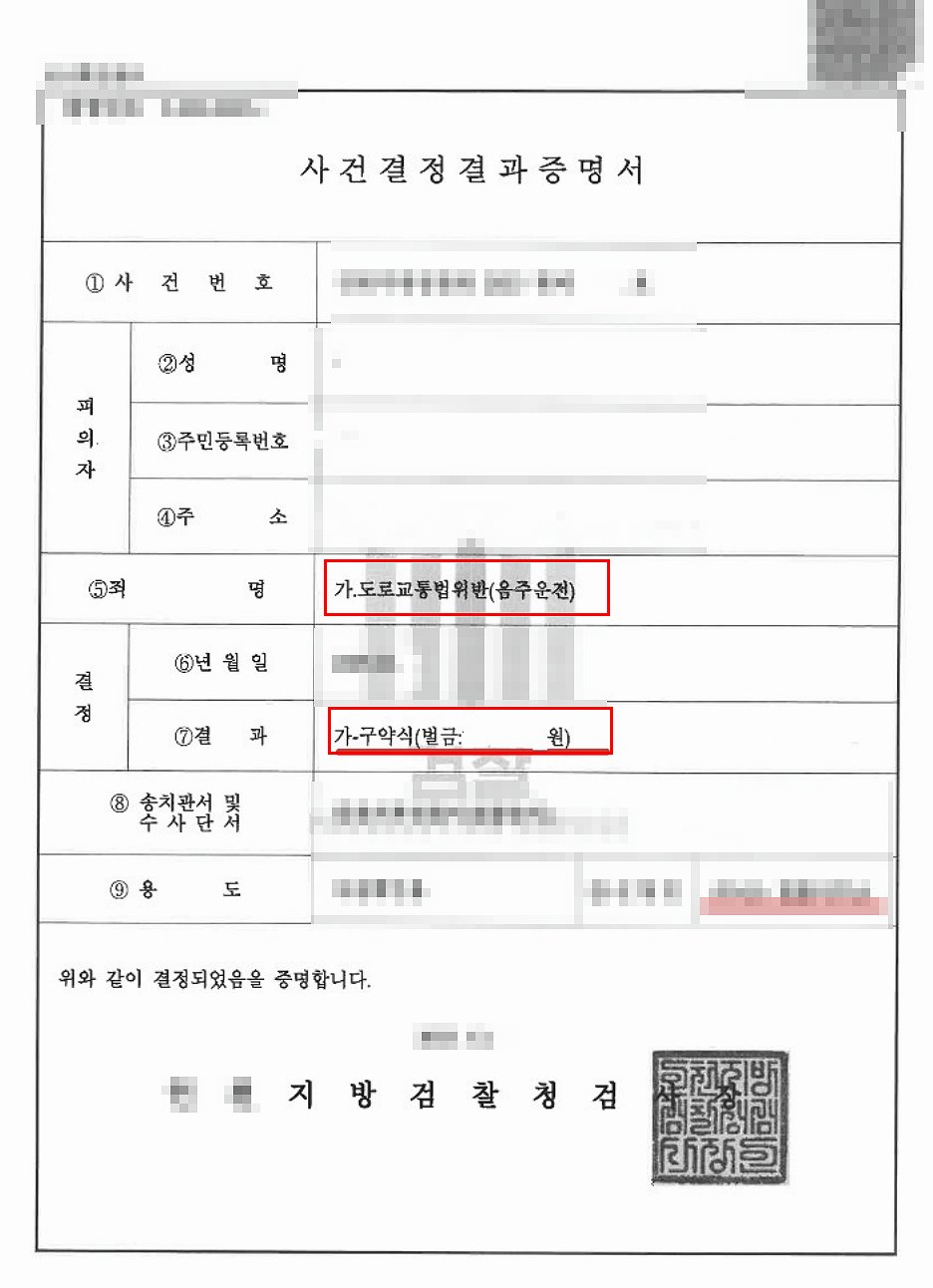 교통 범죄 사건 사건결정결과증명서 (개인정보 가림 처리)